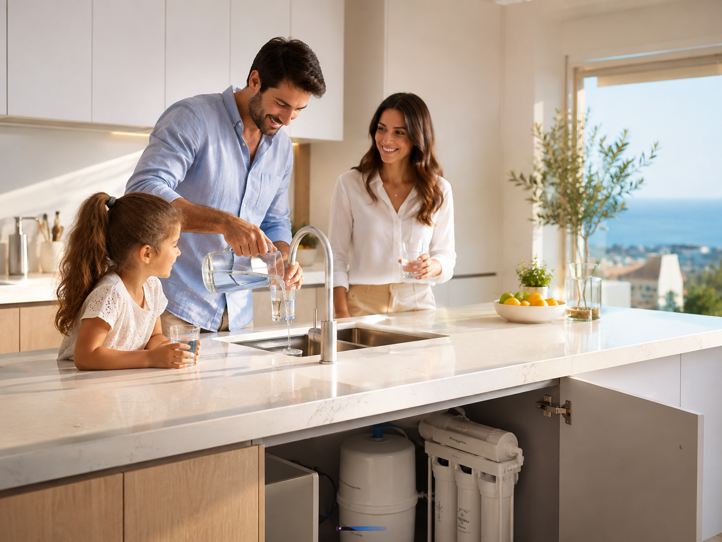 A family pouring filtered drinking water in their kitchen