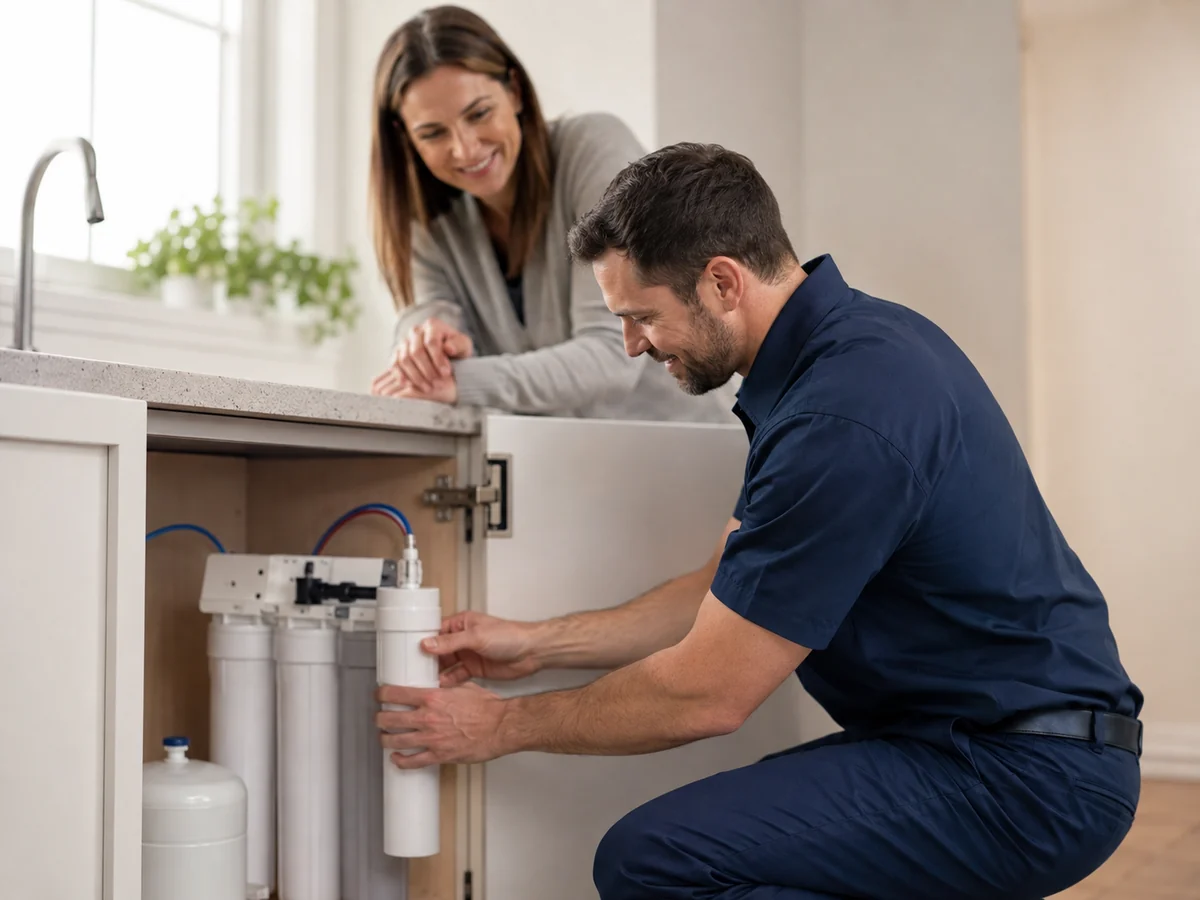 Pure Water Solutions technician servicing a filtration system