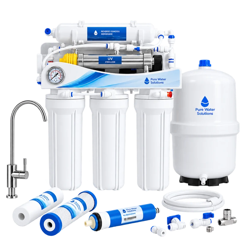 6-stage reverse osmosis system with UV sterilizer, storage tank and replacement filters