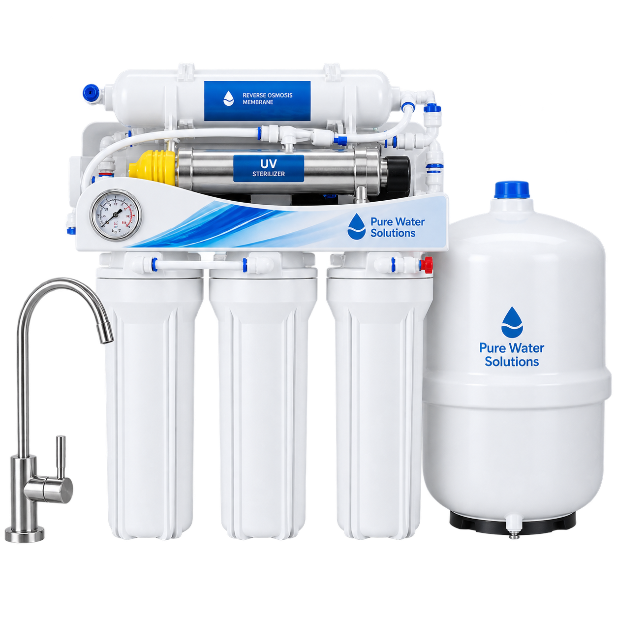 Reverse osmosis system with UV steriliser and tank